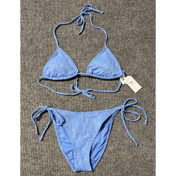 Volcom Women Size Large Sol Surfin Triangle Tie Bikini 2 Pc Set Blue Daisy NEW